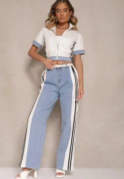 Biało-Niebieski Komplet T-shirt z Suwakiem i Kołnierzykiem i Spodnie z Napami Ateselia