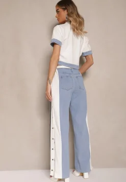 Biało-Niebieski Komplet T-shirt z Suwakiem i Kołnierzykiem i Spodnie z Napami Ateselia