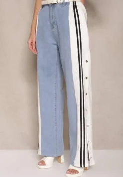 Biało-Niebieski Komplet T-shirt z Suwakiem i Kołnierzykiem i Spodnie z Napami Ateselia