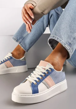 Biało-Niebieskie Buty Sneakersy ze Złotymi Aplikacjami na Grubej Podeszwie z Ozdobną Wstawką Bordea