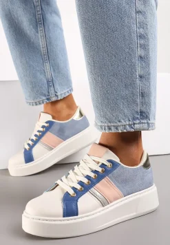 Biało-Niebieskie Buty Sneakersy ze Złotymi Aplikacjami na Grubej Podeszwie z Ozdobną Wstawką Bordea