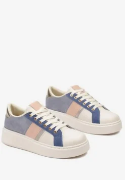 Biało-Niebieskie Buty Sneakersy ze Złotymi Aplikacjami na Grubej Podeszwie z Ozdobną Wstawką Bordea