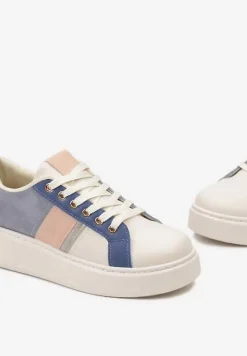 Biało-Niebieskie Buty Sneakersy ze Złotymi Aplikacjami na Grubej Podeszwie z Ozdobną Wstawką Bordea