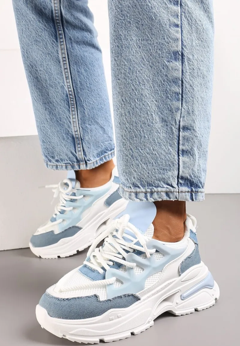 Biało-Niebieskie Sneakersy Ozdobnie Sznurowane z Wycięciami na Grubej Podeszwie Selvia