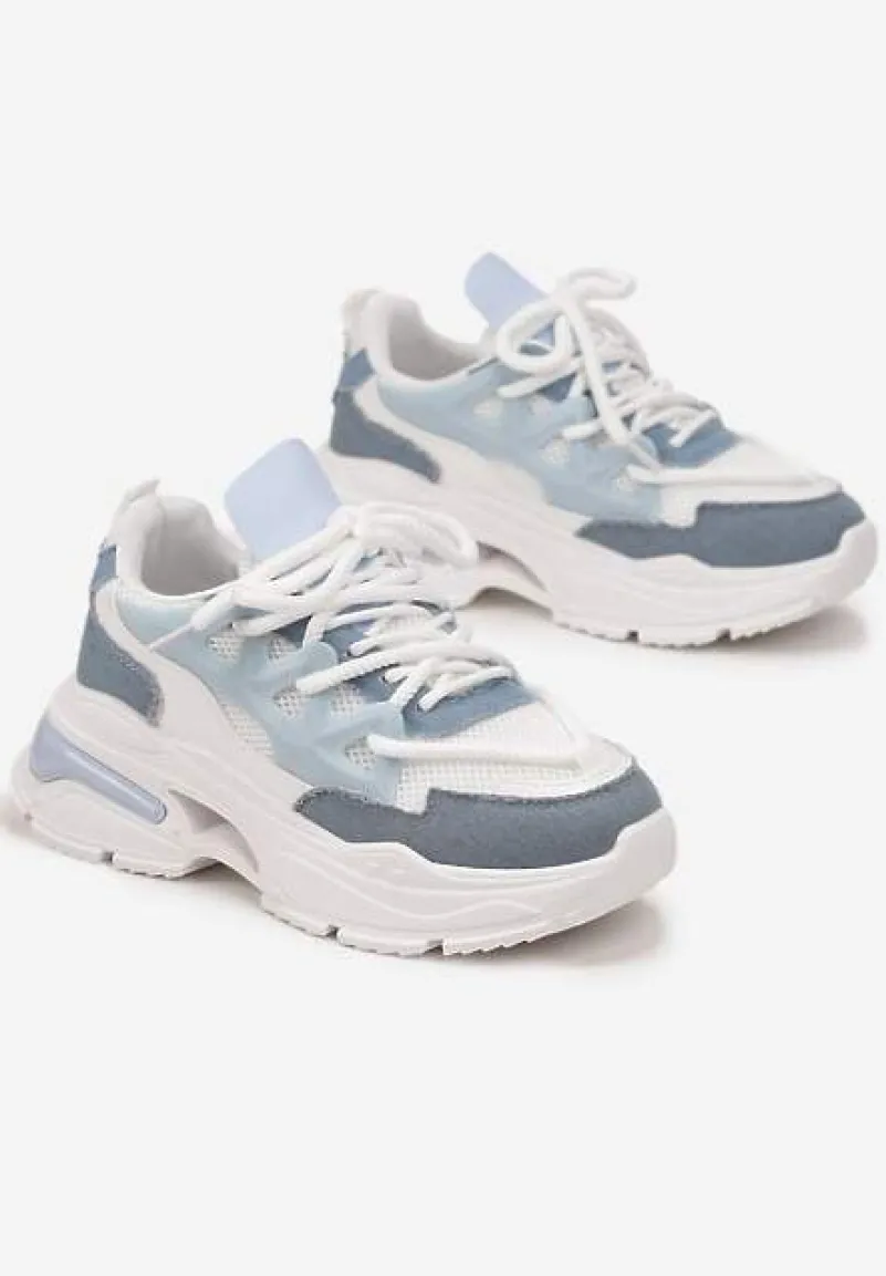 Biało-Niebieskie Sneakersy Ozdobnie Sznurowane z Wycięciami na Grubej Podeszwie Selvia