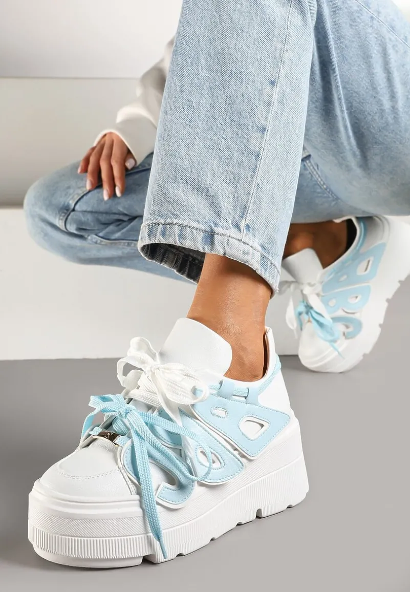 Biało-Niebieskie Sneakersy Vices na Płaskiej Podeszwie z Geometryczną Aplikacją Nelenith