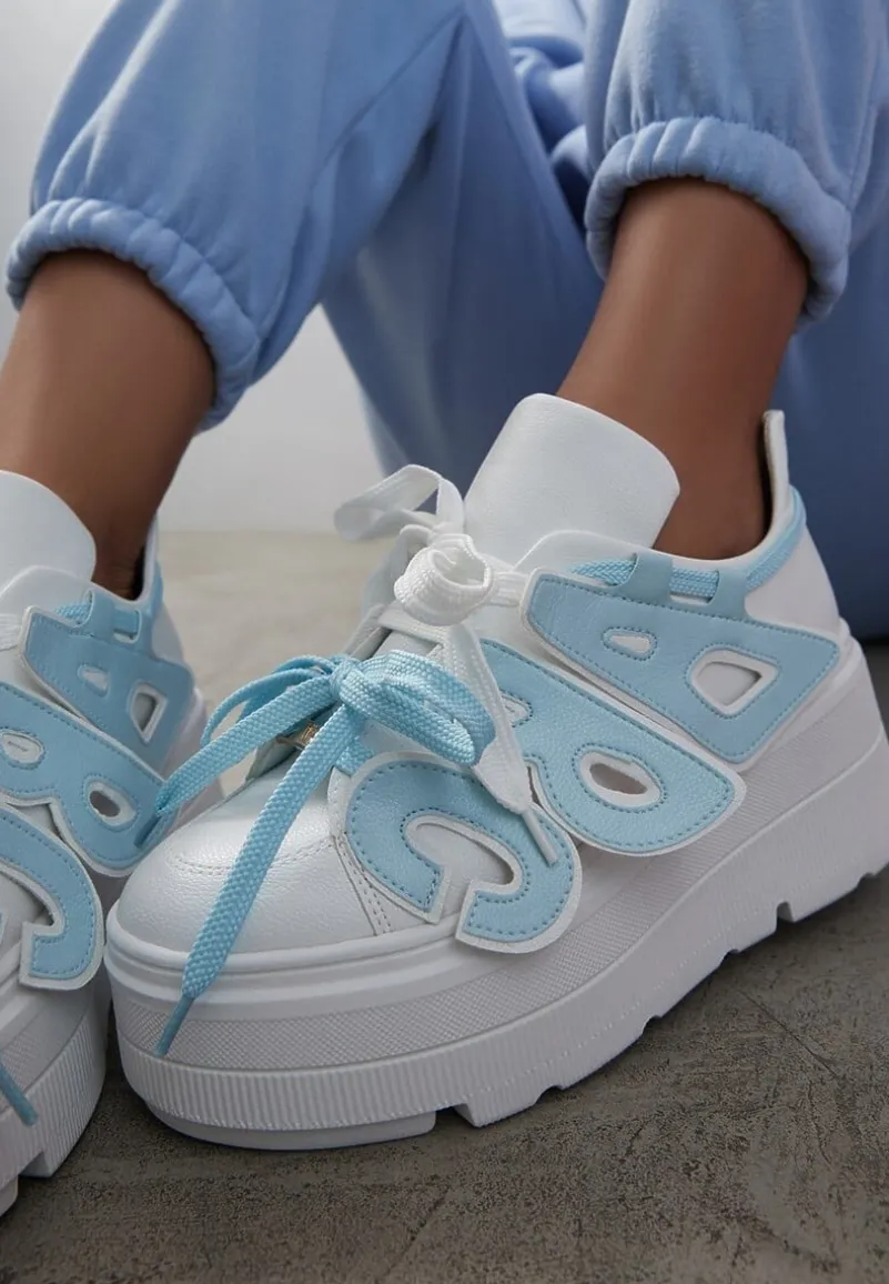 Biało-Niebieskie Sneakersy Vices na Płaskiej Podeszwie z Geometryczną Aplikacją Nelenith