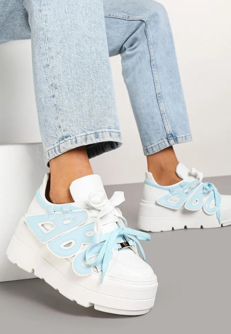 Biało-Niebieskie Sneakersy Vices na Płaskiej Podeszwie z Geometryczną Aplikacją Nelenith