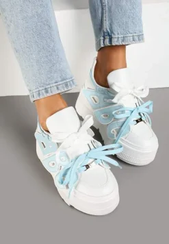 Biało-Niebieskie Sneakersy Vices na Płaskiej Podeszwie z Geometryczną Aplikacją Nelenith