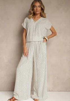 Biało-Niebieskie Szerokie Spodnie High Waist w Paski z Bawełny Silorea