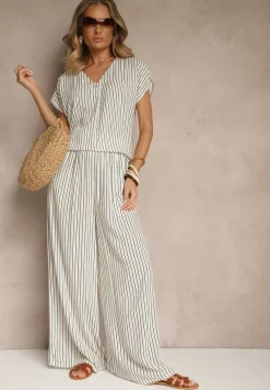 Biało-Niebieskie Szerokie Spodnie High Waist w Paski z Bawełny Silorea