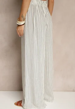 Biało-Niebieskie Szerokie Spodnie High Waist w Paski z Bawełny Silorea