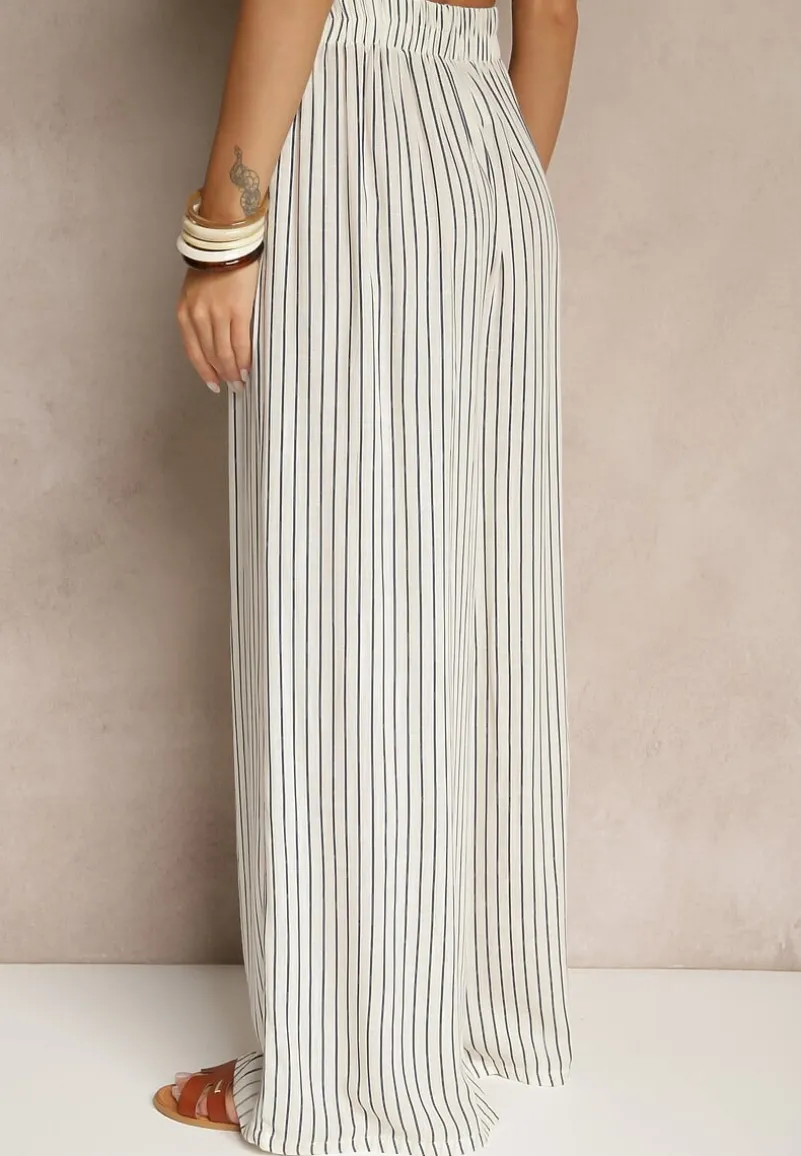 Biało-Niebieskie Szerokie Spodnie High Waist w Paski z Bawełny Silorea
