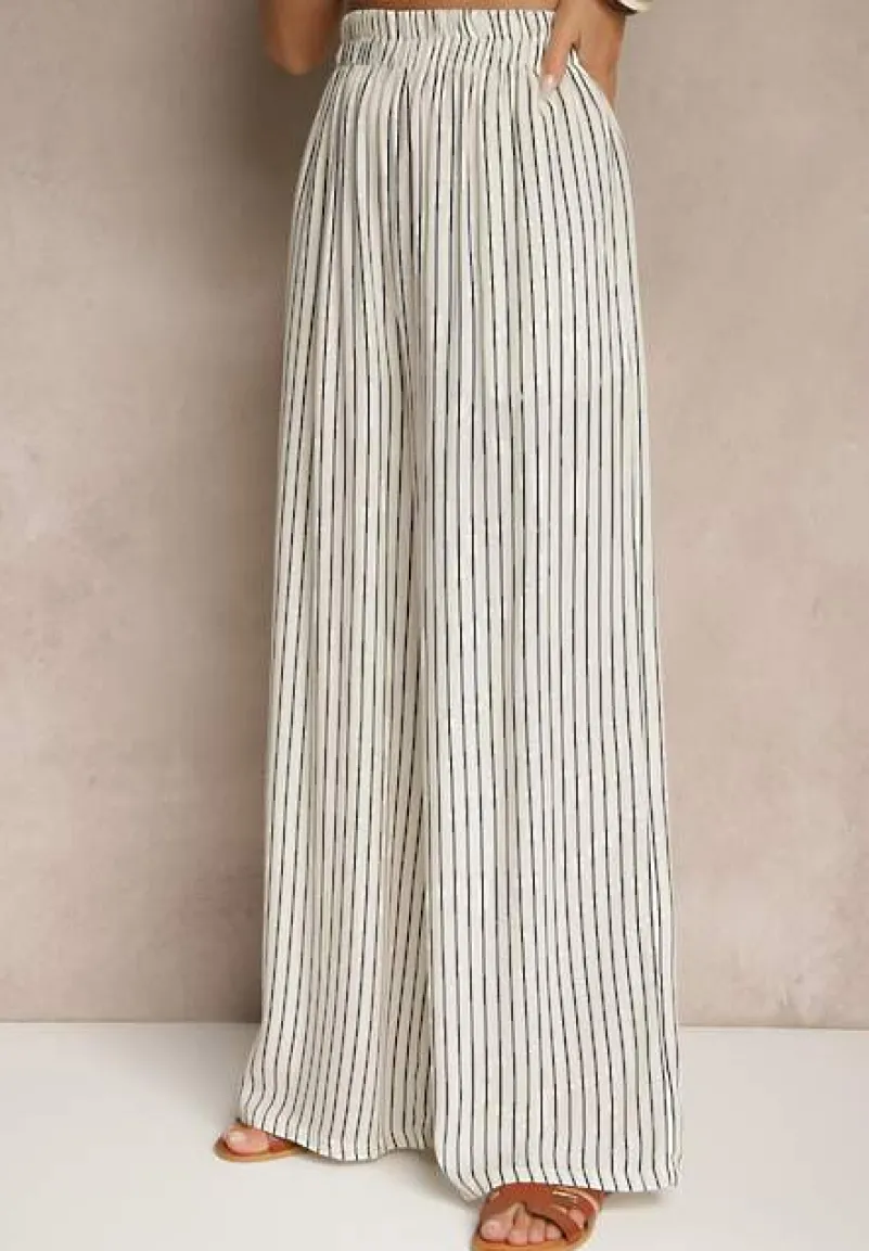 Biało-Niebieskie Szerokie Spodnie High Waist w Paski z Bawełny Silorea
