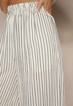 Biało-Niebieskie Szerokie Spodnie High Waist w Paski z Bawełny Silorea