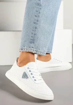 Biało-Niebieskie Tenisówki z Cholewką z Perforacją i Ozdobną Aplikacją Emmio