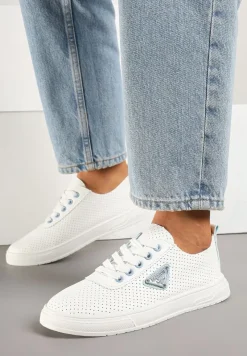 Biało-Niebieskie Tenisówki z Cholewką z Perforacją i Ozdobną Aplikacją Emmio