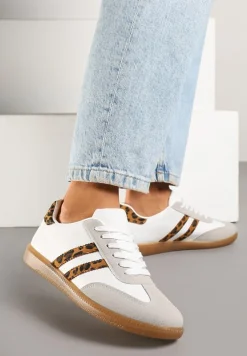 Biało-Panterkowe Sneakersy Typu Kultowe Tenisówki Zdobione Przeszyciami Remiana