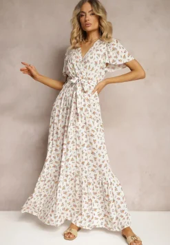 Biało-Różowa Sukienka z Wiskozy z Dekoltem w Serek z Gumką w Pasie i Materiałowym Paskiem Ganeslla