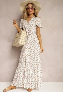 Biało-Różowa Sukienka z Wiskozy z Dekoltem w Serek z Gumką w Pasie i Materiałowym Paskiem Ganeslla