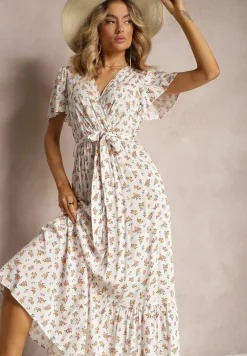 Biało-Różowa Sukienka z Wiskozy z Dekoltem w Serek z Gumką w Pasie i Materiałowym Paskiem Ganeslla