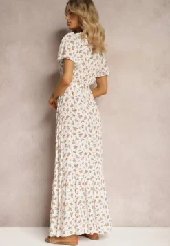 Biało-Różowa Sukienka z Wiskozy z Dekoltem w Serek z Gumką w Pasie i Materiałowym Paskiem Ganeslla