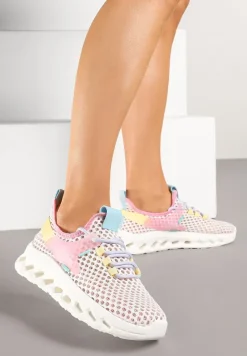 Biało-Różowe Buty Sportowe Sneakersy Siateczkowe na Tłoczonej Platformie Lurilia