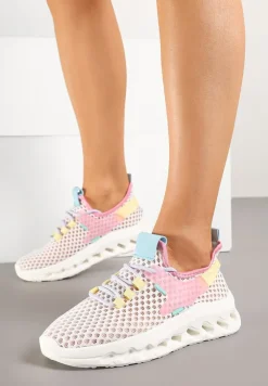 Biało-Różowe Buty Sportowe Sneakersy Siateczkowe na Tłoczonej Platformie Lurilia