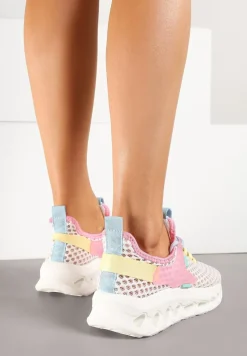 Biało-Różowe Buty Sportowe Sneakersy Siateczkowe na Tłoczonej Platformie Lurilia