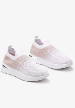 Biało-Różowe Buty Sportowe z Nadrukiem Obmre i Skarpetkową Cholewką Erinevia