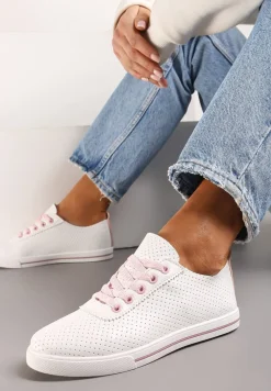 Biało-Różowe Płaskie Sznurowane Tenisówki przed Kostkę Ozdobione Perforacją Serettia