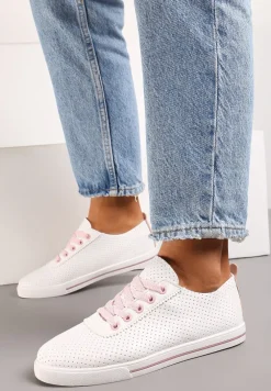 Biało-Różowe Płaskie Sznurowane Tenisówki przed Kostkę Ozdobione Perforacją Serettia