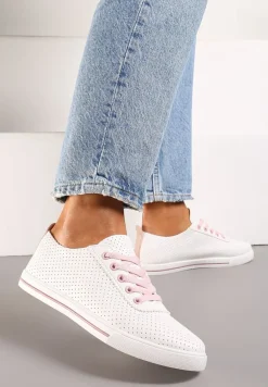 Biało-Różowe Płaskie Sznurowane Tenisówki przed Kostkę Ozdobione Perforacją Serettia