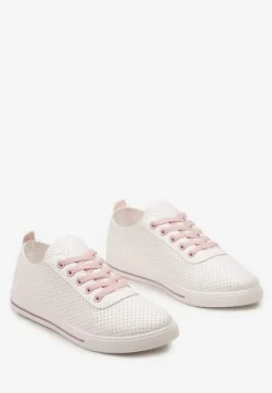 Biało-Różowe Płaskie Sznurowane Tenisówki przed Kostkę Ozdobione Perforacją Serettia