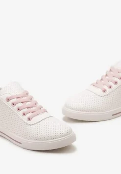 Biało-Różowe Płaskie Sznurowane Tenisówki przed Kostkę Ozdobione Perforacją Serettia