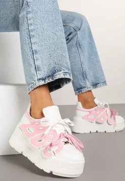 Biało-Różowe Sneakersy Vices na Płaskiej Podeszwie z Geometryczną Aplikacją Nelenith