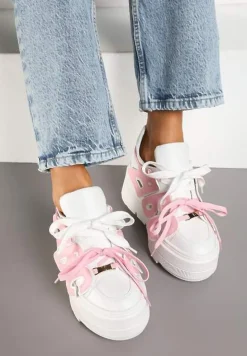 Biało-Różowe Sneakersy Vices na Płaskiej Podeszwie z Geometryczną Aplikacją Nelenith