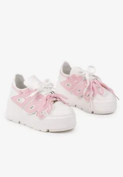 Biało-Różowe Sneakersy Vices na Płaskiej Podeszwie z Geometryczną Aplikacją Nelenith