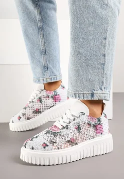 Biało-Różowe Sneakersy Vices na Platformie z Ażurową Cholewką Lumerise