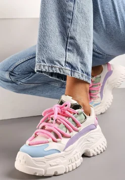 Biało-Różowe Sneakersy z Grubymi Sznurówkami na Niskiej Platformie Lasandre