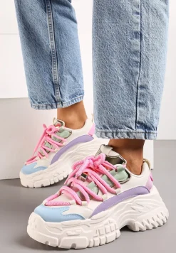 Biało-Różowe Sneakersy z Grubymi Sznurówkami na Niskiej Platformie Lasandre