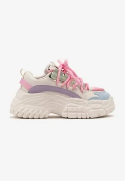 Biało-Różowe Sneakersy z Grubymi Sznurówkami na Niskiej Platformie Lasandre