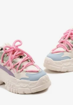 Biało-Różowe Sneakersy z Grubymi Sznurówkami na Niskiej Platformie Lasandre