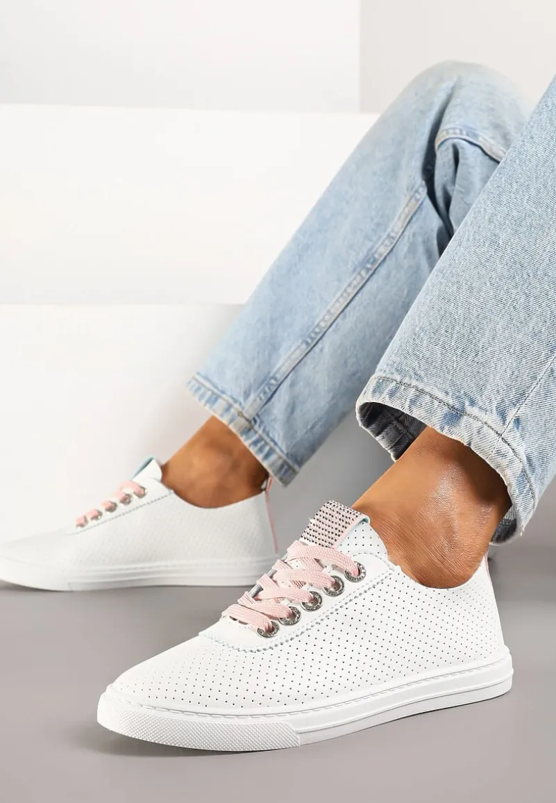 Biało-Różowe Tenisówki Ozdobione Cyrkoniami i Perforacją Liradena