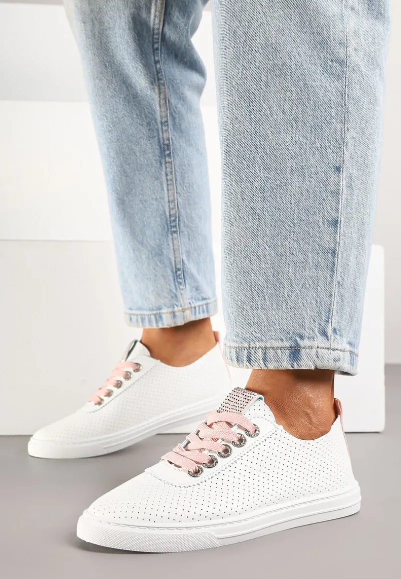 Biało-Różowe Tenisówki Ozdobione Cyrkoniami i Perforacją Liradena