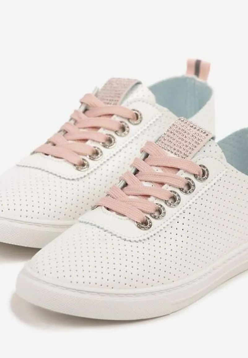 Biało-Różowe Tenisówki Ozdobione Cyrkoniami i Perforacją Liradena