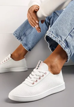 Biało-Różowe Tenisówki Ozdobione Taśmą z Napisem na Języku i Pięcie Cholewka z Perforacją Aelita