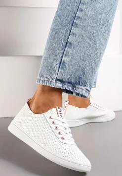 Biało-Różowe Tenisówki Ozdobione Taśmą z Napisem na Języku i Pięcie Cholewka z Perforacją Aelita