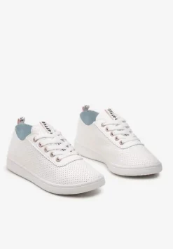 Biało-Różowe Tenisówki Ozdobione Taśmą z Napisem na Języku i Pięcie Cholewka z Perforacją Aelita