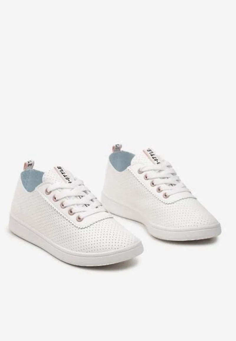 Biało-Różowe Tenisówki Ozdobione Taśmą z Napisem na Języku i Pięcie Cholewka z Perforacją Aelita